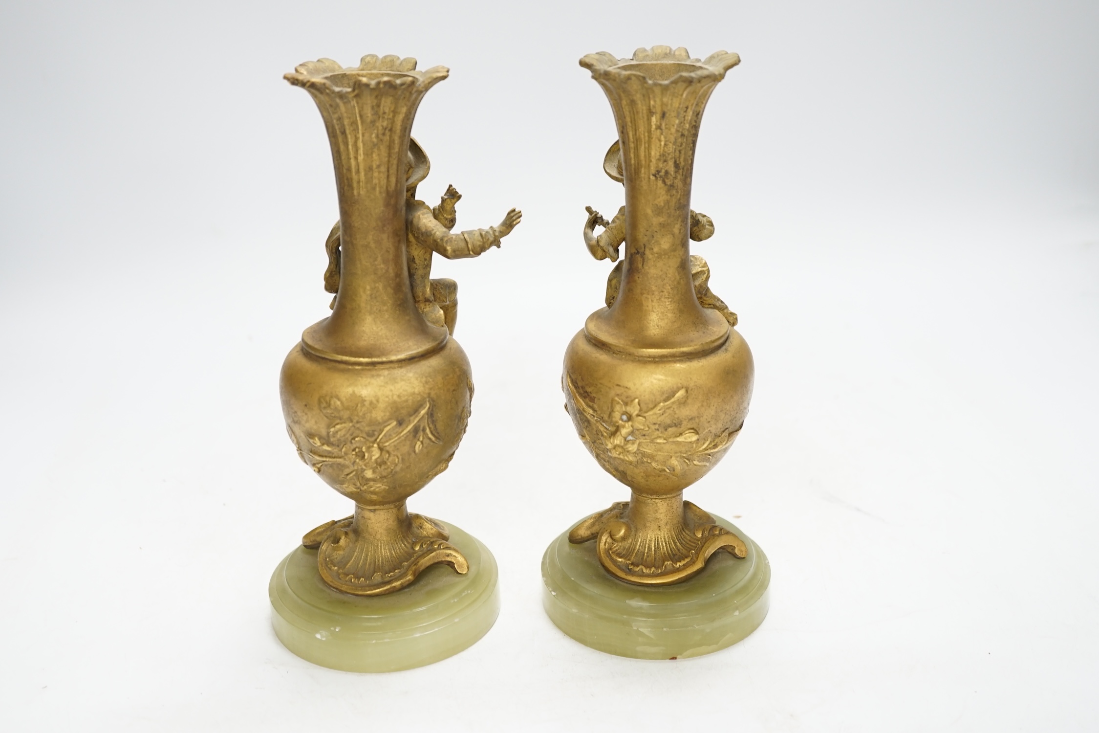 After Emil Fuchs (1866-1929), a pair of ormolu figural vases on onyx bases, 20.5cm. Condition - fair
